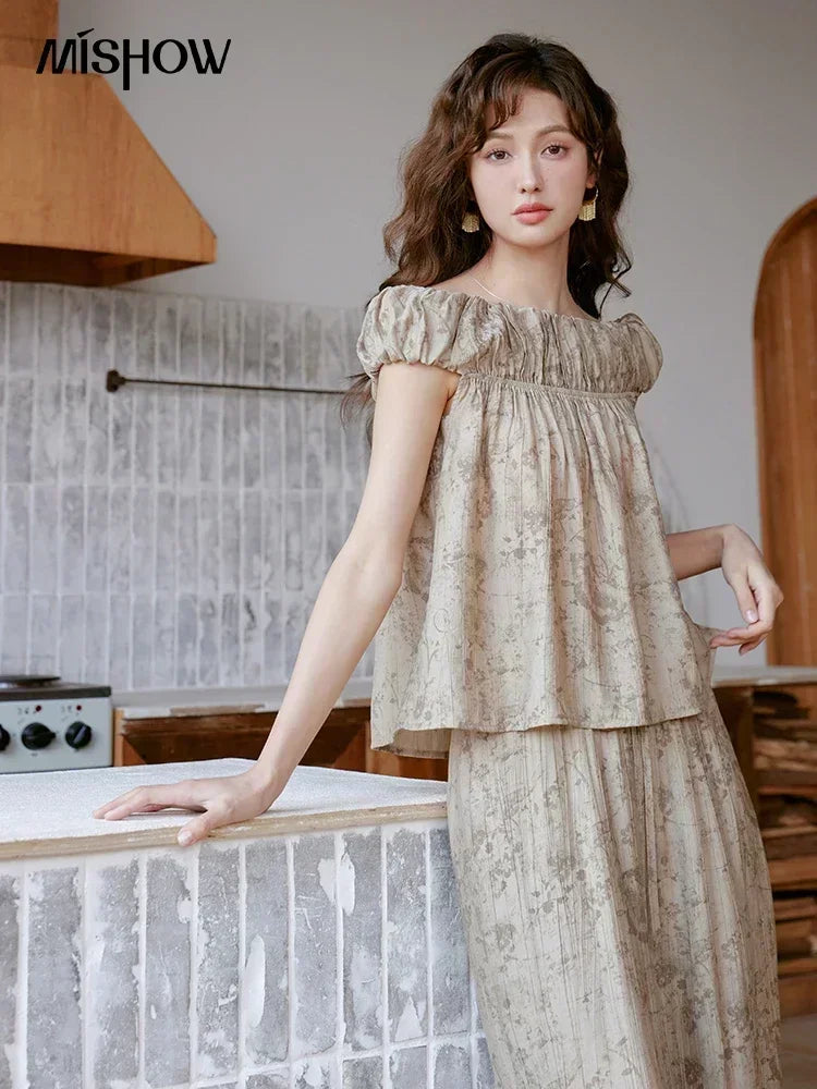 MISHOW Ink Printing Slash Neck Top Wide Leg Trouser Separately Summer Elastic Waist Pants Folds Chiffon Office Lady MXC39X1298