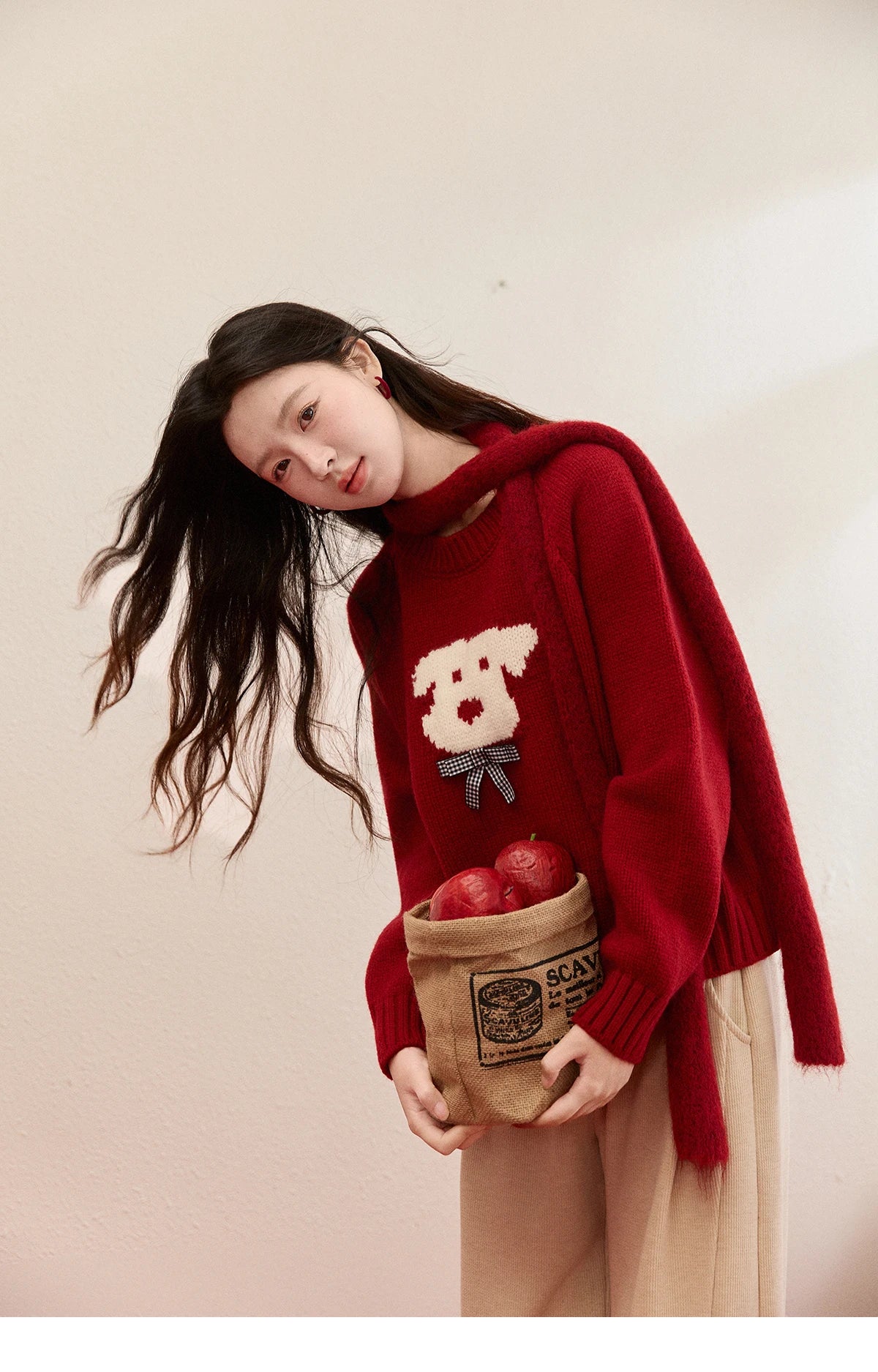 MISHOW New Year Women's Puppy Jacquard Crew Neck Knit Sweater 2026 Spring Loose Casual Red Sweater Excluding Scarf MXE93Z2932