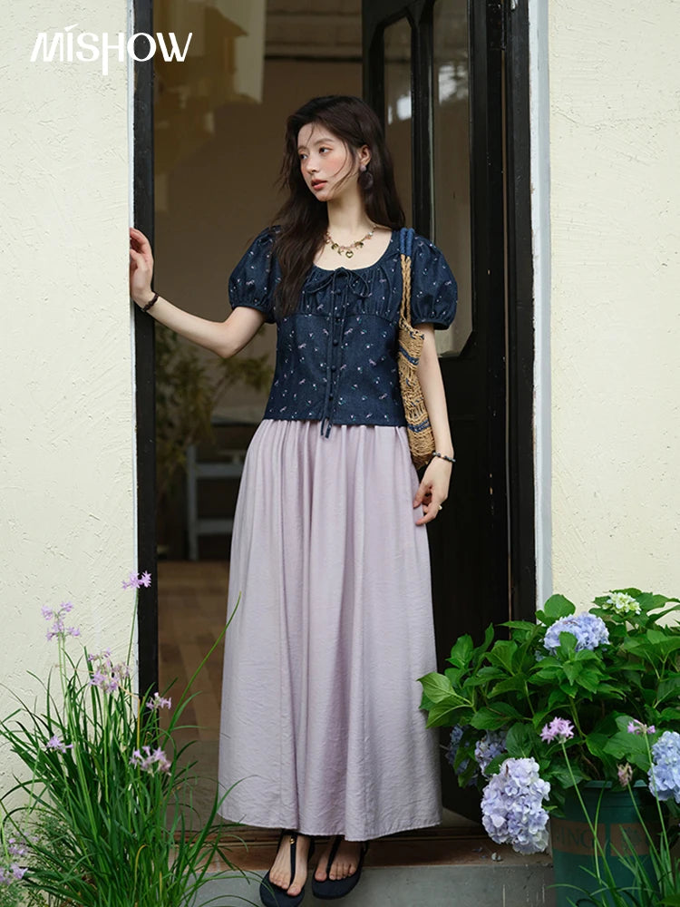 MISHOW Casual Half Skirt for Women 2025 Summer New Office Lady Fashion High Waist Pocket Female Purple Pleated Skirt MXE39B2366