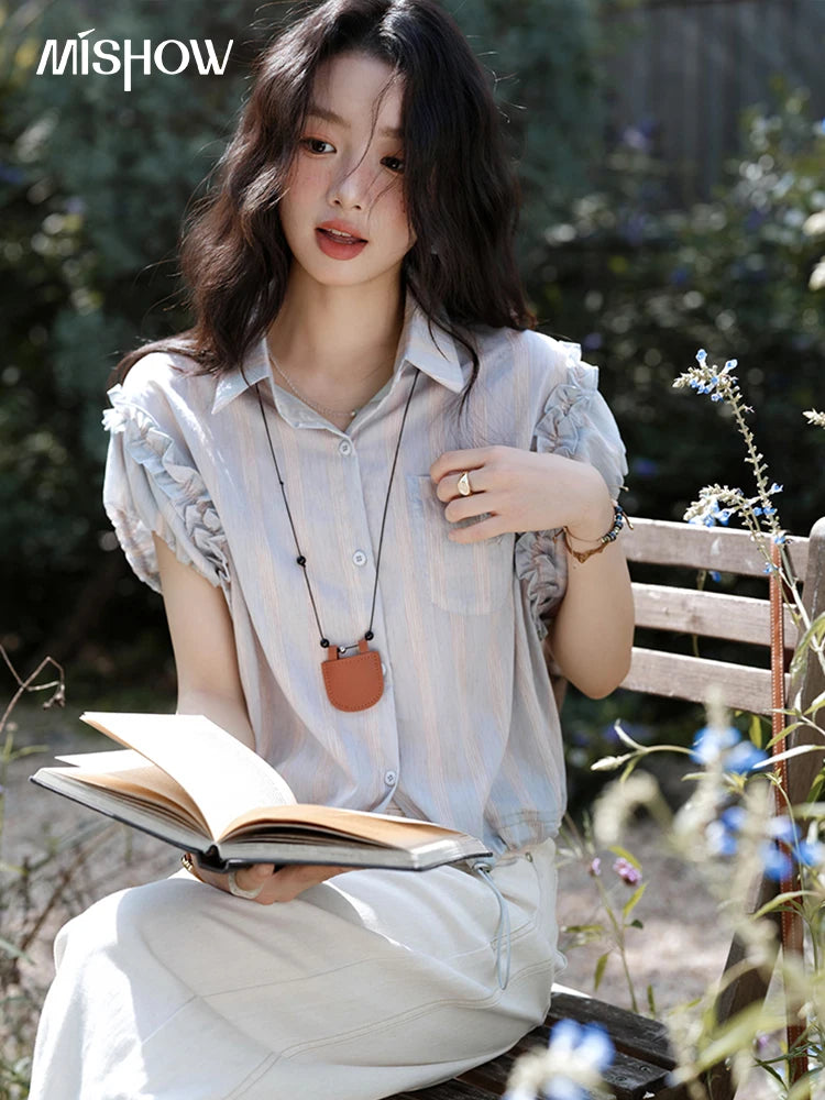 MISHOW Women's Short Sleeve Shirt 2025 Summer Ladies Turn-down Collar Button Shirt Casual Striped Top Female Clothing MXE38C2347