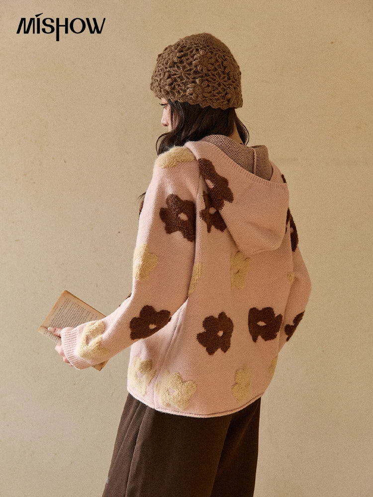 MISHOW Women's Floral Hooded Thick Sweater 2025 Loose Comfortable Pink 3D Jacquard Casual Long-Sleeved Pullovers MXE90Z2786