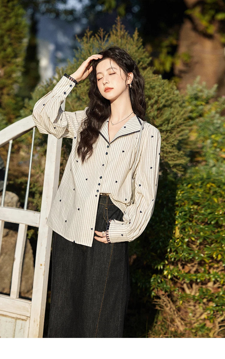 MISHOW Striped Bubble Sleeve Shirt for Women 2025 Spring French Retro Love Embroidered Top 100 Cotton V-neck Shirts MXE12C0390