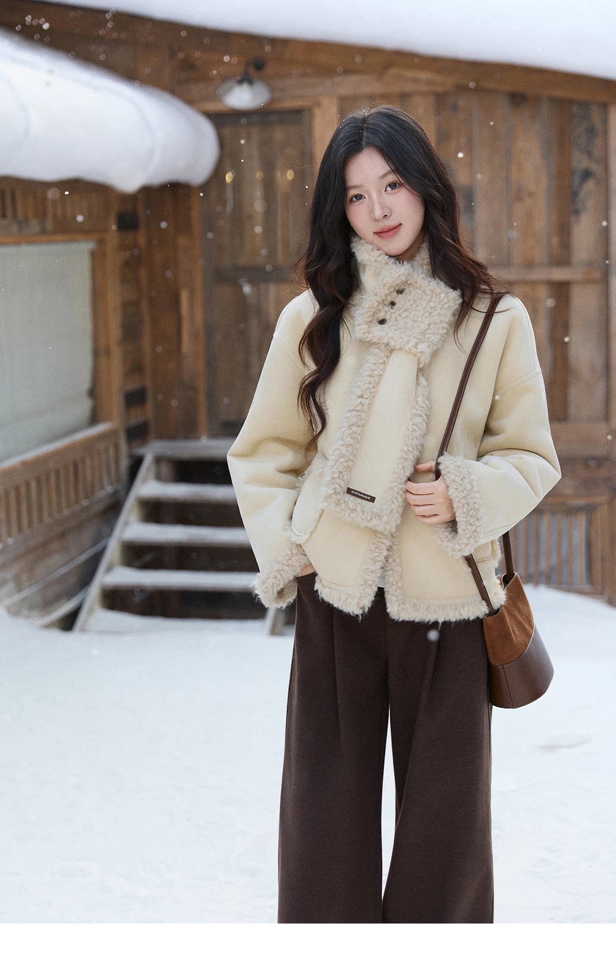 MISHOW Women's Cream Yellow Faux Suede Coat 2025 Winter Included Scarf Thickened Coats Soft Fleece Lined Outerwear MXE91W1019