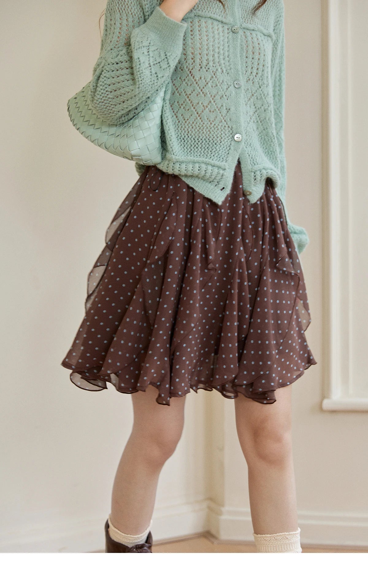 MISHOW Women's Brown Polka Dot Skirt Spring Irregular Ruffled Chiffon Elastic Waist Skirts Casual A-line Mini Skirt MXF13B2476