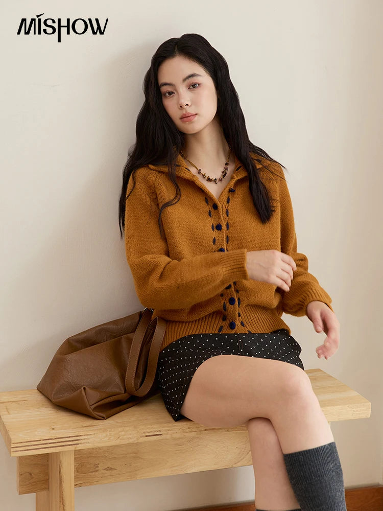 MISHOW Women's Turtleneck Sweater 2025 Retro Long-sleeved Single-breasted Loose Knit Top Casual Winter Woman Cardigan MXE48Z2617