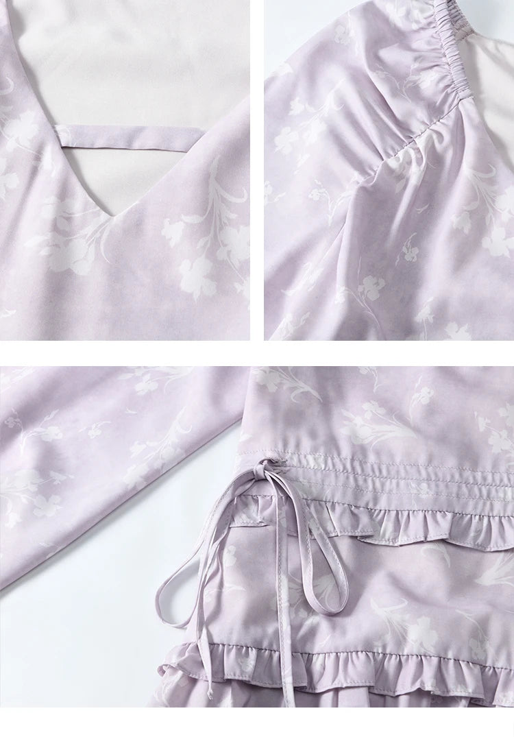 MISHOW Elegant Black Fungus Edge Dress for Women Spring 2025 Floral Lace-up Waist Dresses Long Sleeved Cake Dress MXE13L2101