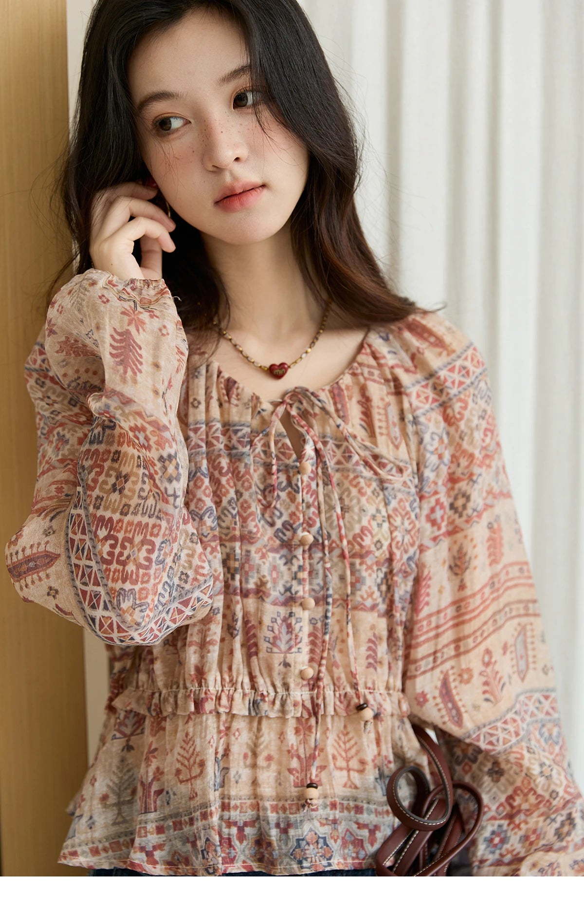 MISHOW Blouse Women 2025 National Style Printed Waist Round Neck Long-sleeved Top Commute Comfortable Autumn Blouse MXE47X2508