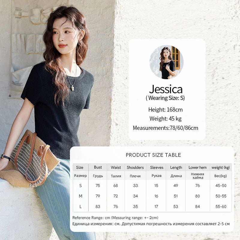 MISHOW Women's Short Sleeved Knitted T-shirt Spring 2025 Korean Minimalist Back Hollowed Out Pearl Buckle Design Tees MXE13Z1072