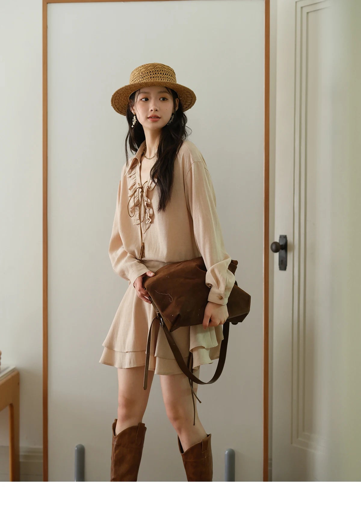 MISHOW Women's Bohemian Skirt Set Autumn Lyocell Blend V Neck Ruffle Suede Tassels Tie Top Back Elastic Waist Skirt MXE43T0727