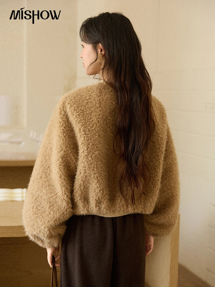 MISHOW Women's Lamb Wool Jacket 2025 Winter Retro Casual Coat Crew Neck Long Sleeve Soft Jacket Commuting Windproof MXE90W0995