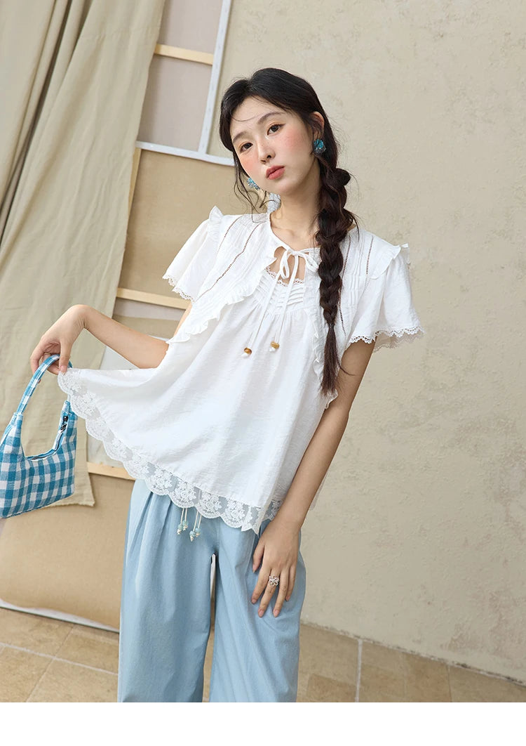 MISHOW White Lace Up Blouse Women's 2025 Summer New Fashion Butterfly Sleeve Hollow Lace Splicing Top Female Clothing MXE34X1784
