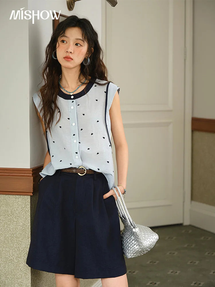 MISHOW Women's 2 Piece Set 2025 Summer Fashion Sleeveless Button Shirt High Waist A-line Shorts Set Ladies Clothing MXE37T0656