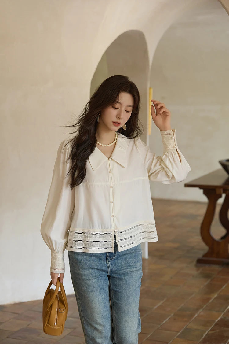 MISHOW Women's French Lace Patchwork Shirt 2025 Autumn Butterfly Collar Lantern Sleeves Apricot Elegant Commuting Top MXE41C2357