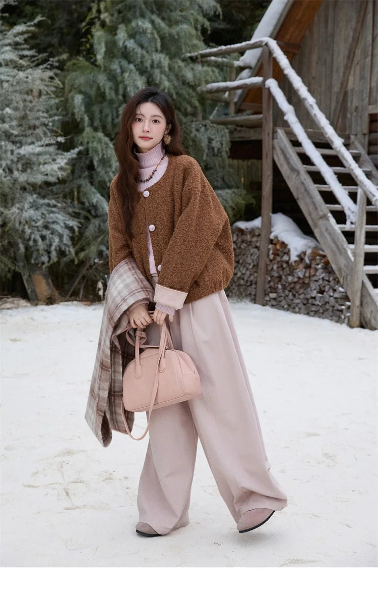 MISHOW Women's Brown Jacket 2025 Winter Retro Warm Round Neck Wool Quilted Coat Commute Short Loose Thick Coat Woman MXE87W0935
