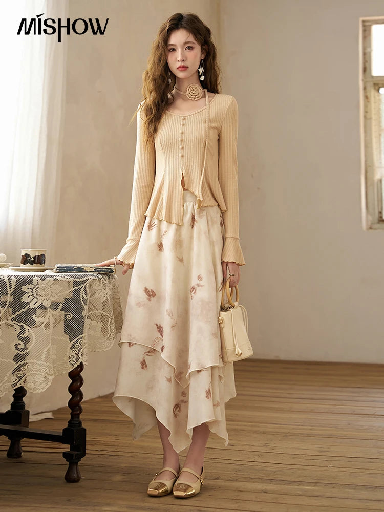 MISHOW Long Flowy Skirt for Women 2024 Spring Irregular High Waist A-Line Print Beach Zipper Skirts Woman Clothing MXD11B0215