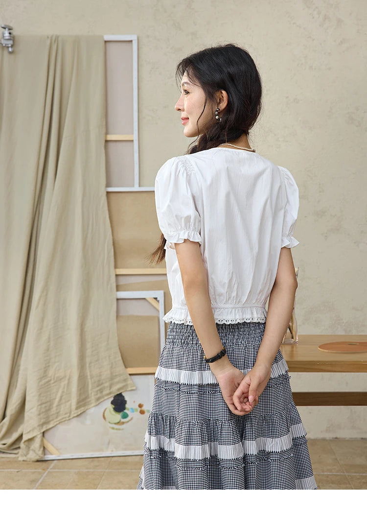 MISHOW Sweet Lace Pufff Sleeve Shirt Summer 2025 Flower Single Breasted Buttons Short Shirts Hem Elastic Waist Tops MXE34X1820