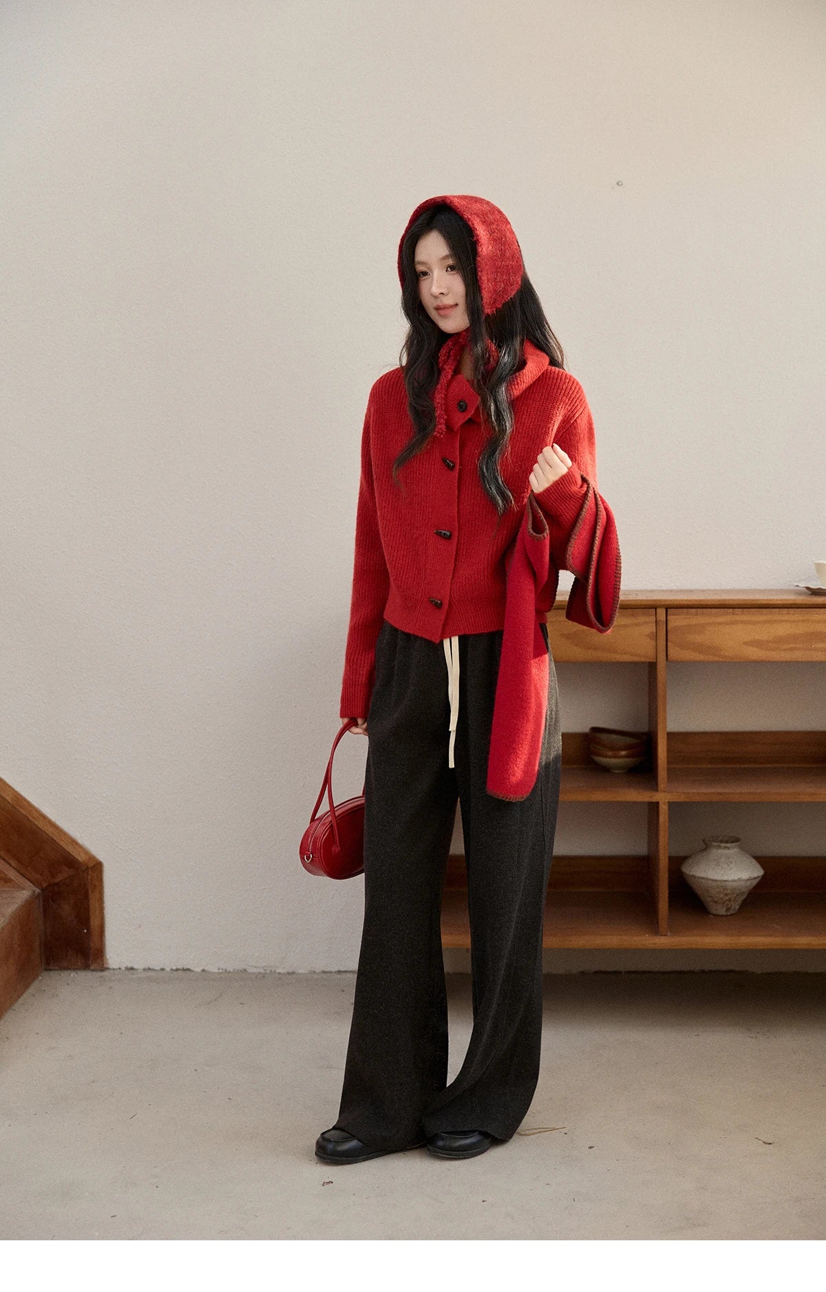 MISHOW Women's Retro Red Bull Horn Button Sweater 2025 Winter Arctic Velvet Warm Knitted Sweater Excluding Headscarf MXE90Z2819