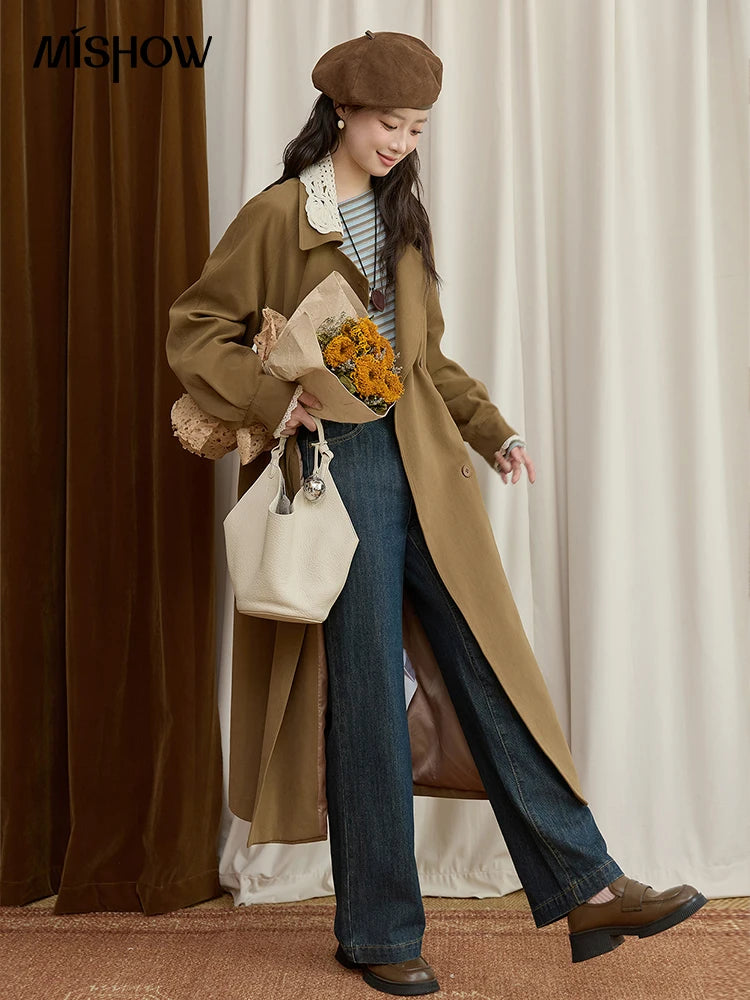 MISHOW Trench Coat Women 2025 Autumn Fashion Light Khaki Lace Long Windbreaker Jacket Long-sleeved Coat with Belt MXE45W0830