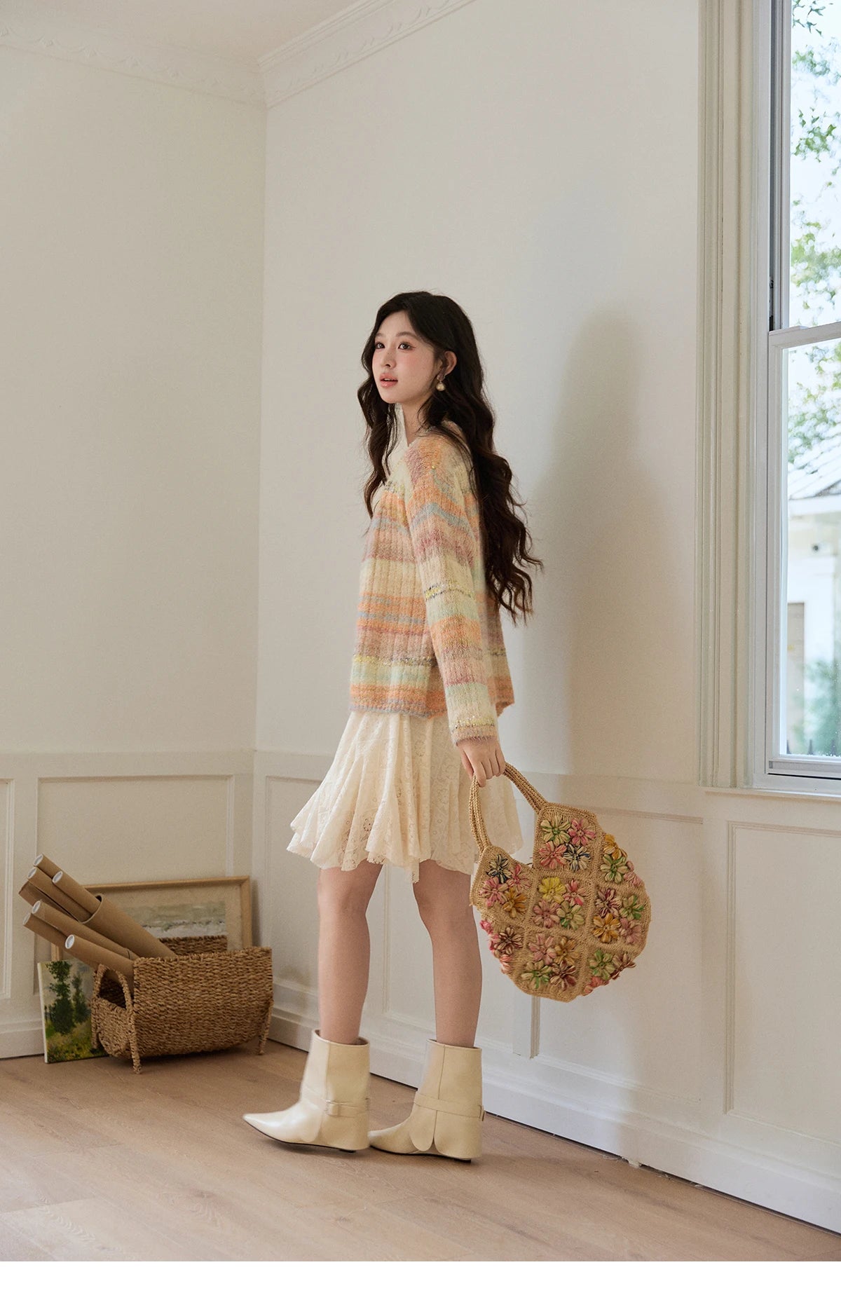 MISHOW Women's Gradient Striped Knit Cardigan 2026 Spring V Neck Single Breasted Casual Thin Soft Rainbow Sweater MXF13Z3019