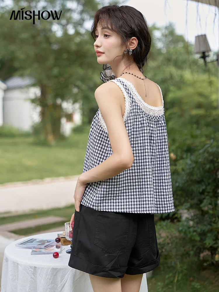 MISHOW French Sweet Lace Plaid Suspender Vest Women 2025 Summer Loose Fit U Neck Lace-up Blouses Sleeveless Doll Top MXD26X1567