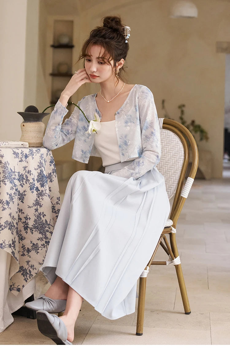 MISHOW Elegant Hollow Out Cardigan Camisole Skirt Separately Spring Lace Printing Short Cardigans Solid Pleated Skirt MXD12W0342