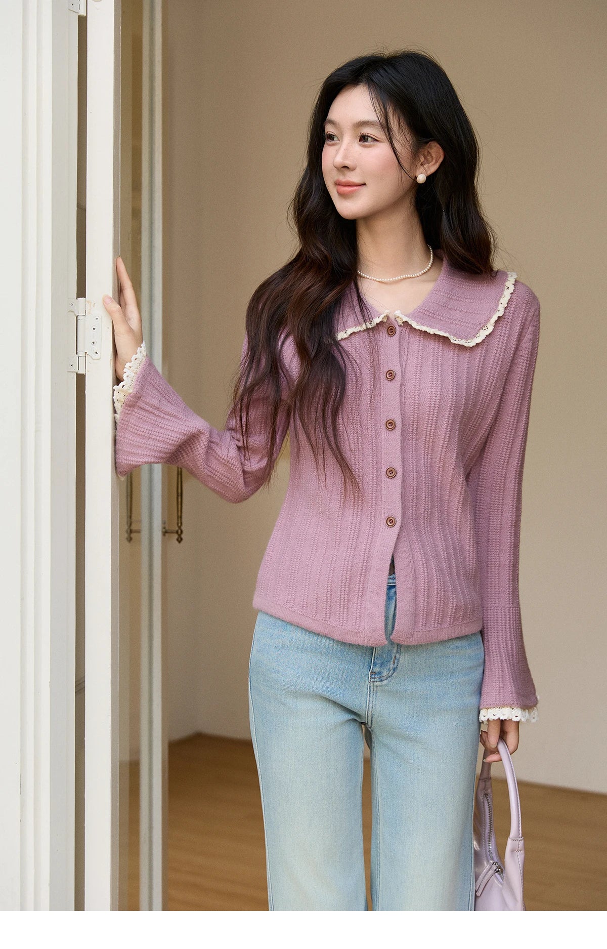 MISHOW Women's Lilac Flare Sleeve Knitted Cardigan 2026 Spring Peter Pan Collar Lace Trim Long Sleeve Slim Casual Top MXF11Z2994