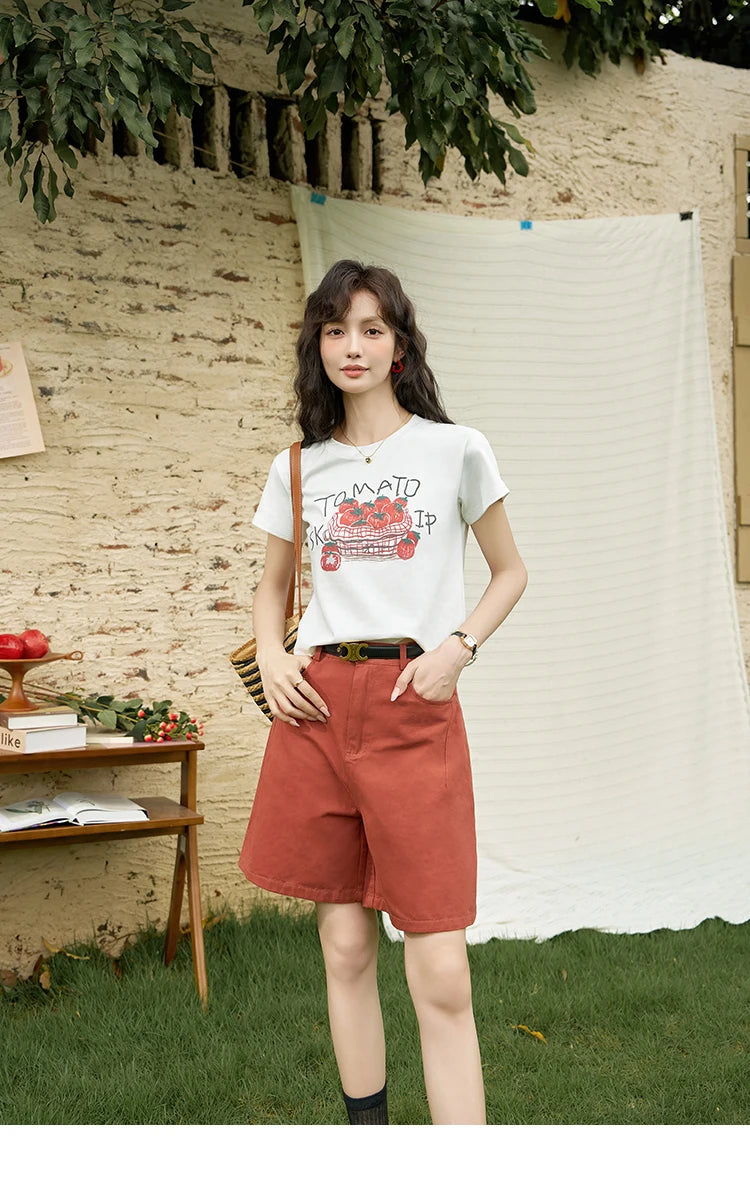 MISHOW Red Casual Shorts for Women 2024 Summer Korean Symmetrical Pocket High Waist Loose Straight Leg Short Pants MXD25K0679