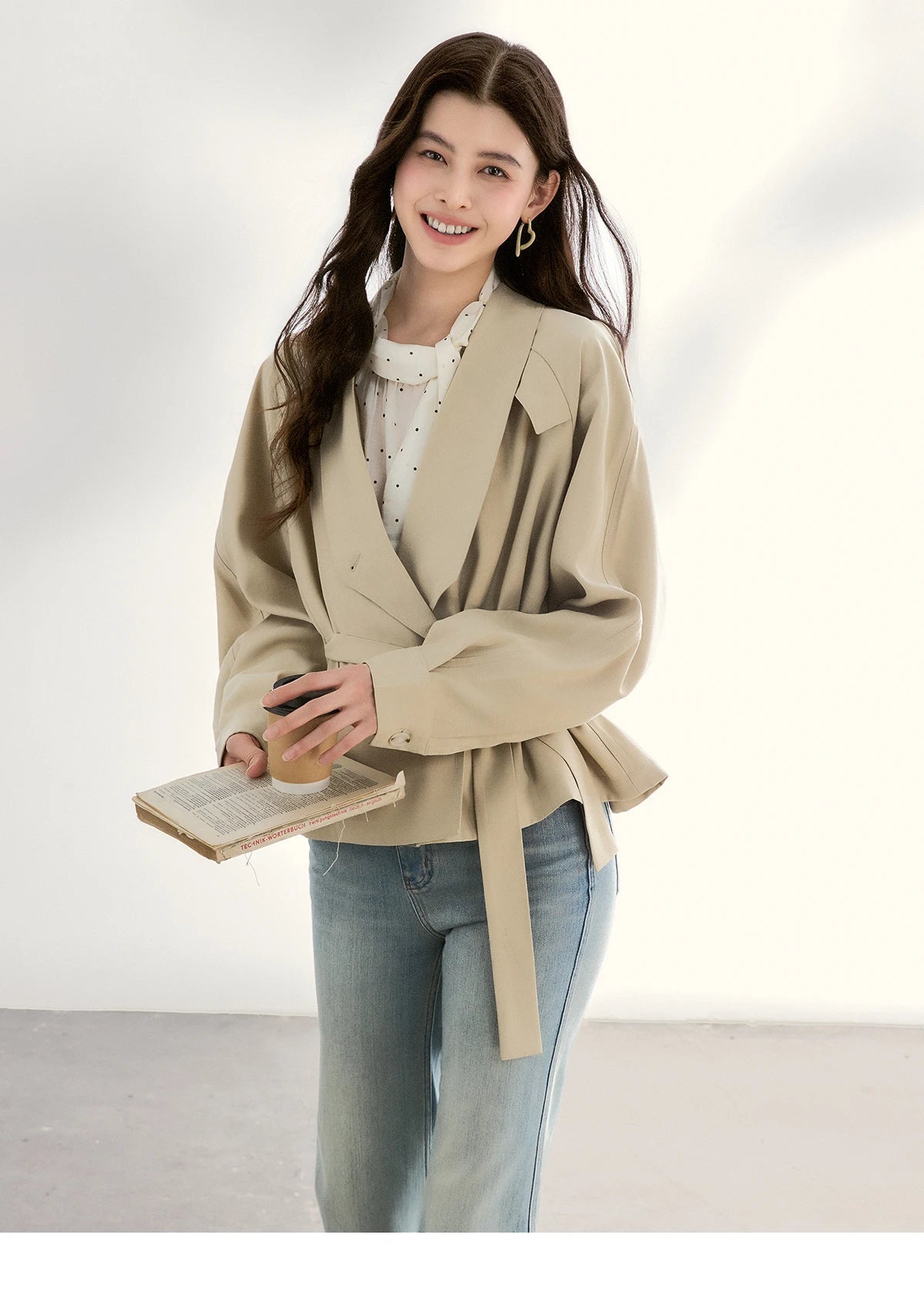 MISHOW Women's Khaki Belted Waist Coat 2026 Spring Lapel Double-breasted Coats female Casual Short Jacket Office Lady MXF13W1056