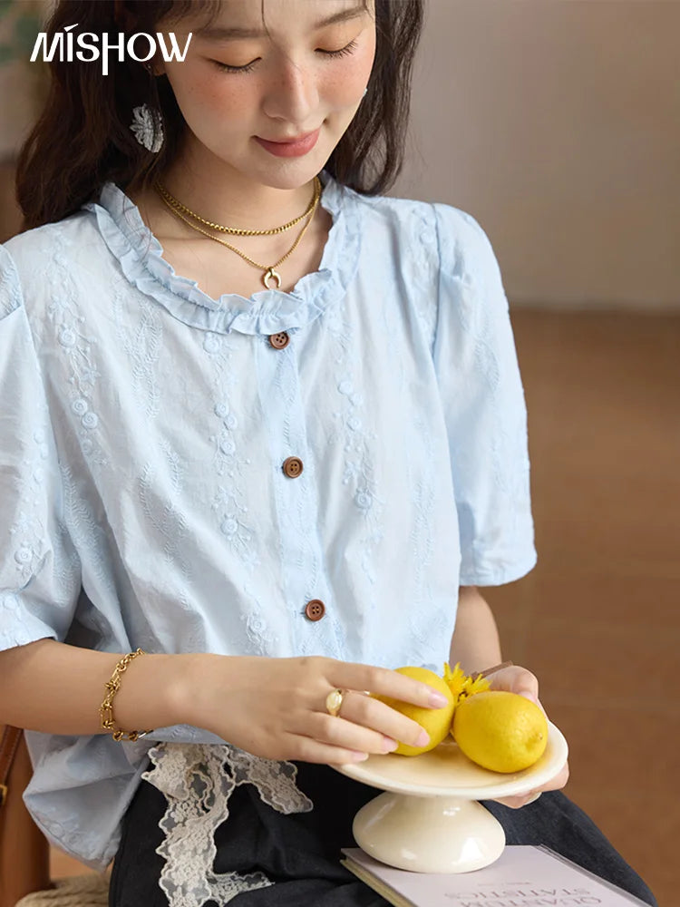 MISHOW 100% Cotton Women's Puff Sleeve Shirt 2025 Summer New Fashion Round Neck Button Top Casual Female Clothing MXE36X1873