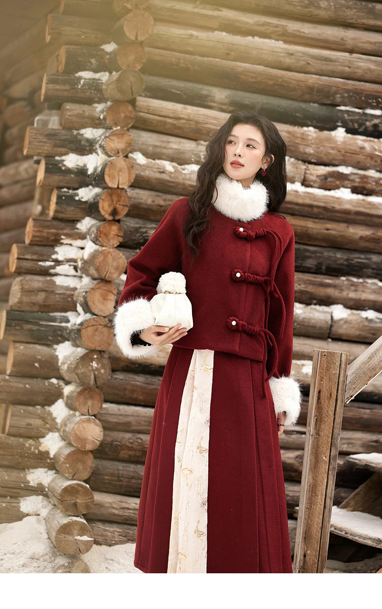 MISHOW Tweed Jacket Midi Skirts Separately Removable Fur Collar Frog Short Coat Cotton Clip A-LINE Pleated Skirt MXD59W0609