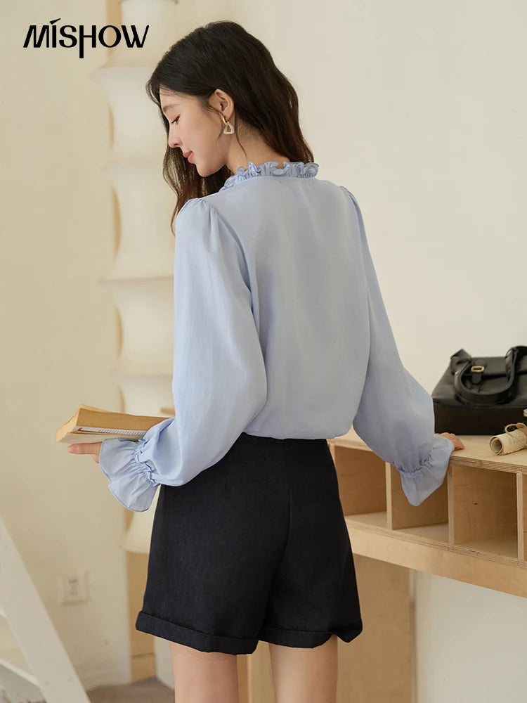 MISHOW 100% Lyocell Women's Blue Shirt 2025 Autumn French Ruffles Long Sleeves Ties Blouse Office Lady Elegant Top MXE45X2484