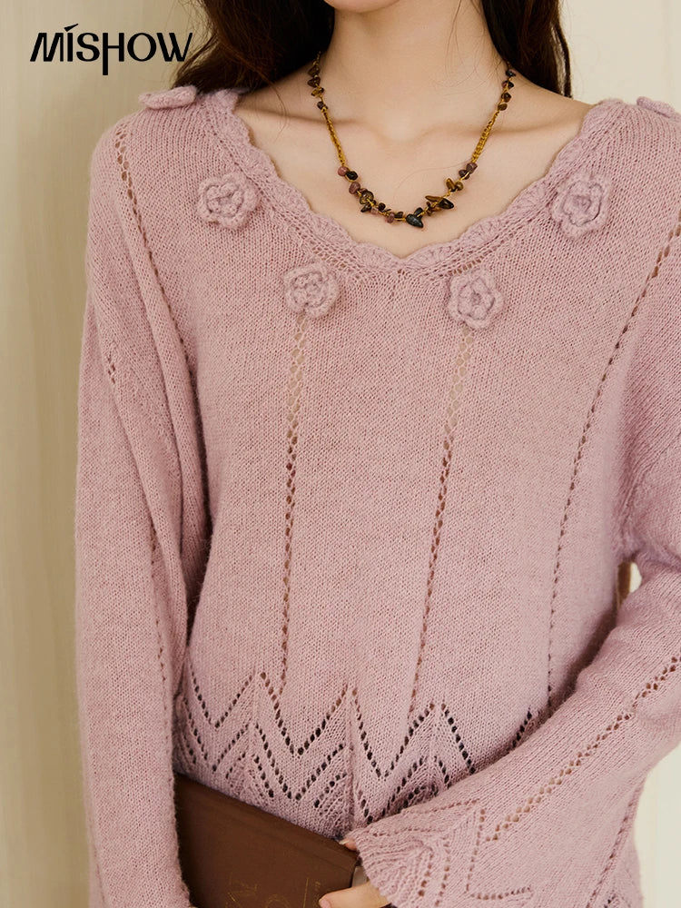 MISHOW Elegant Women's Sweaters 2025 Autumn Purple Hollow Out Wave V-neck Crochet Design Knitted Top Casual Pullovers MXE45Z1391