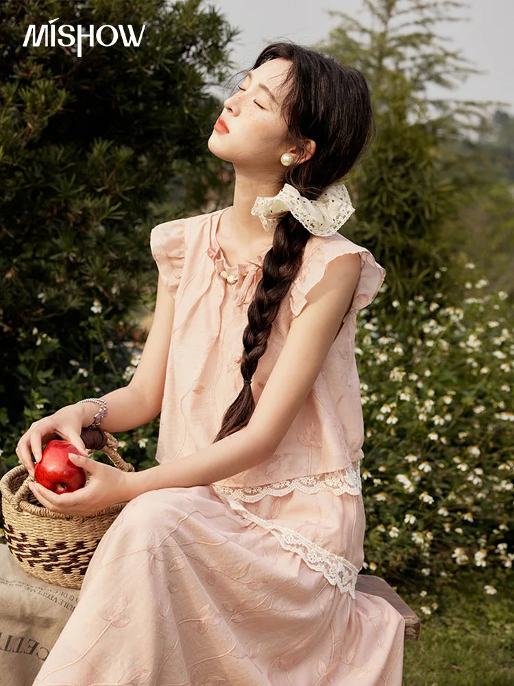 MISHOW Sweet Summer Skirt Sets Women New 2025 Short Flying Sleeve Round Neck Tops Hollow Embroidery A-line Skirt Lady MXE33T0545