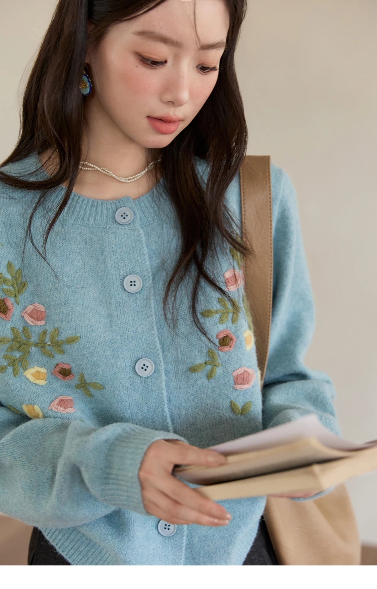 MISHOW Blue Floral Embroidered Cardigan for Women 2025 Autumn Winter New Loose Crew Neck Long Sleeves Sweater Wool MXE51Z2695