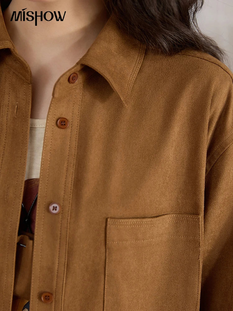 MISHOW Autumn Women's Jacket Retro Turn Down Collar Short Jacket Dropped Patch Pocket Casual Outerwear with Pendant MXE45C2413