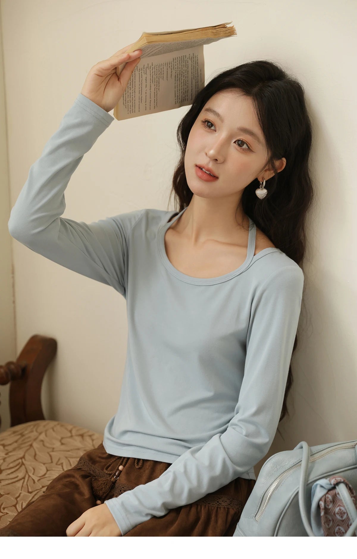 MISHOW Elastic Knitted T-shirts for Women Autumn 2025 Hanging Neck Strap Tees Pleated Waist Slim Long Sleeved Top MXE42T0720