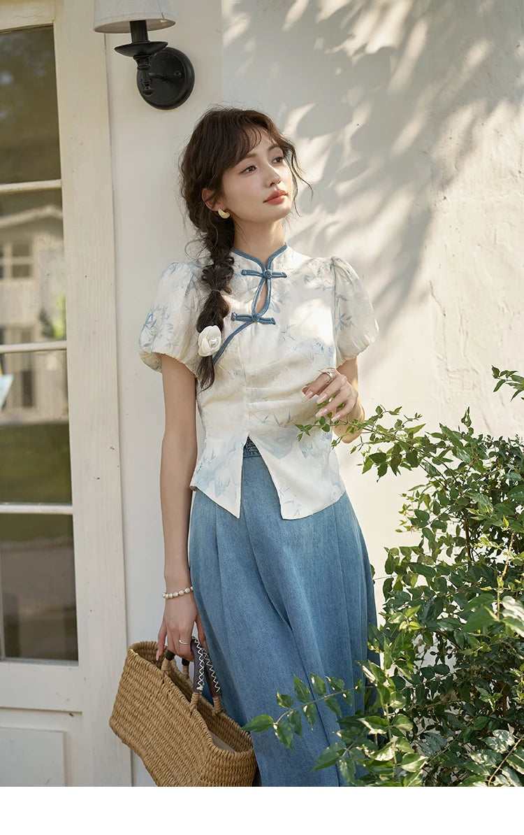MISHOW Chinese Embroidered T-shirt High Waist Skirt Separately Summer 2024 Short Sleeve Split Hem Tops Denim Skirts MXD28X1604