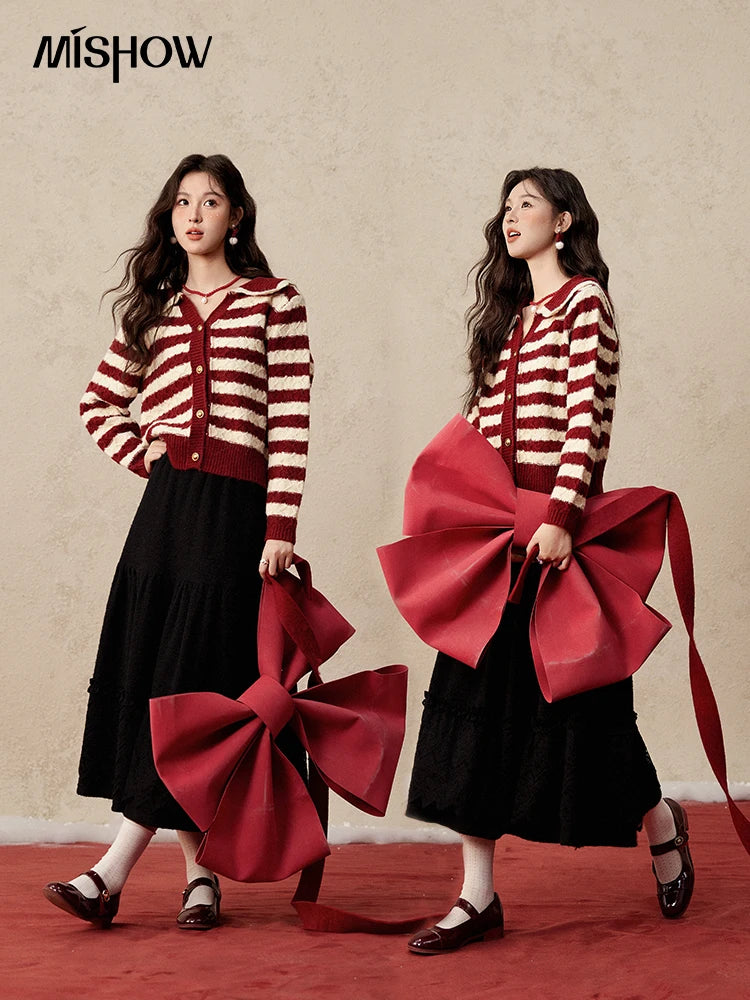MISHOW Christmas Red Striped Turn Down Collar Cropped Cardigan Thickened Warm Wool Blend Sweater Soft Knitted Tops MXD58Z1038