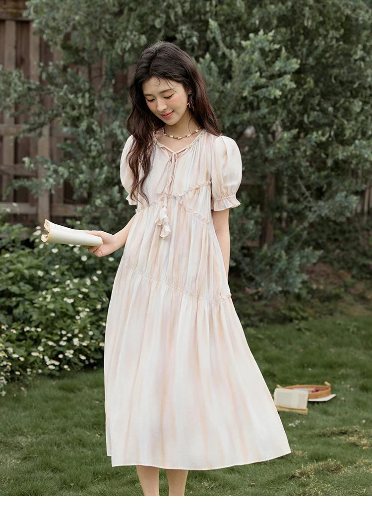 MISHOW French Summer Dress Women 2025 New V-neck Short Puff Sleeve Hollow Gradient Dresses Female Fashion Slimming MXE31L2166