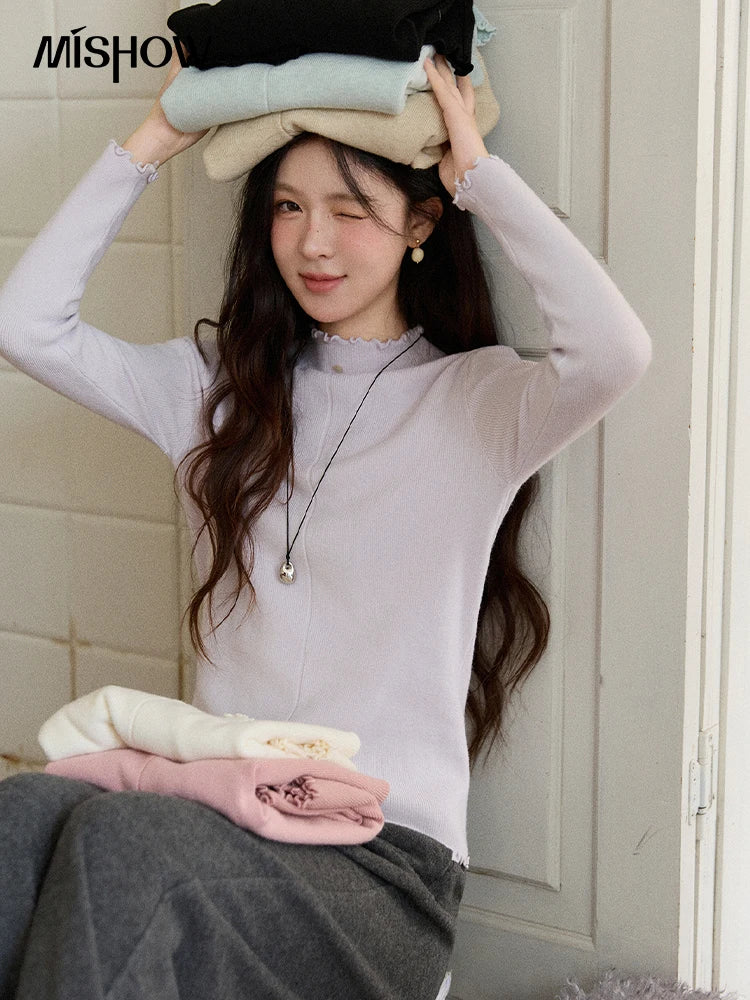 MISHOW Women's Knitted Long-Sleeved Top 2025 Winter Solid Slim Fit Ruffled Turtleneck Sweater Warm Soft Commuting Top MXE91Z2826