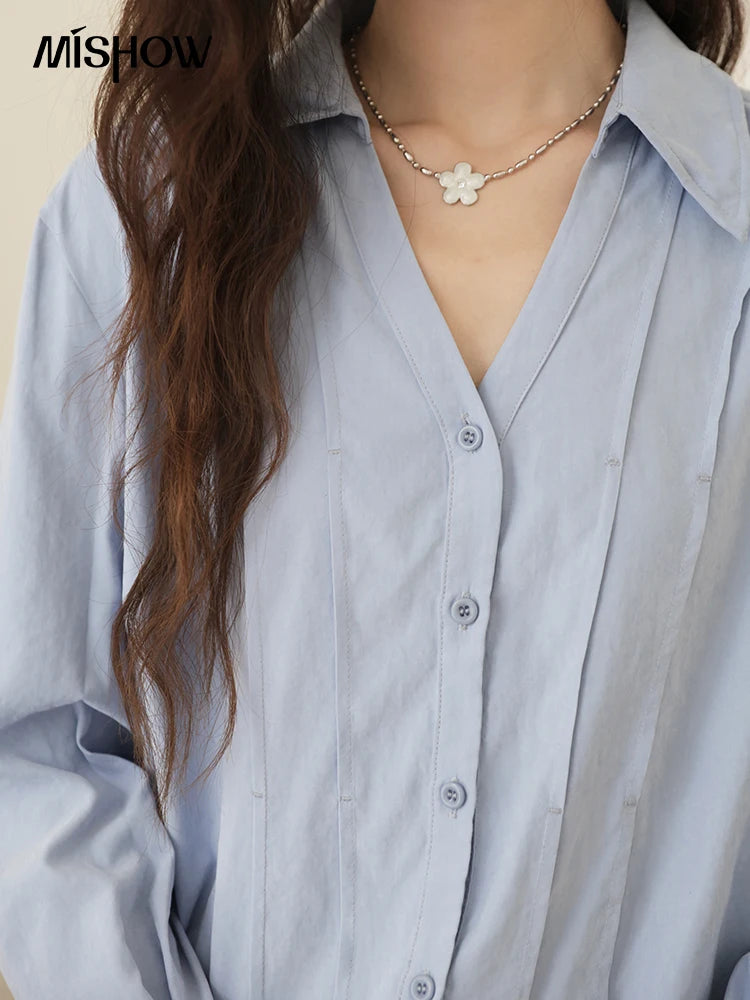 MISHOW Blue Peach Skin Velvet Shirt for Women Autumn 2025 Lapel V-neck Shirts Female Pleated Cuffs Tops Office Lady MXE44C2392
