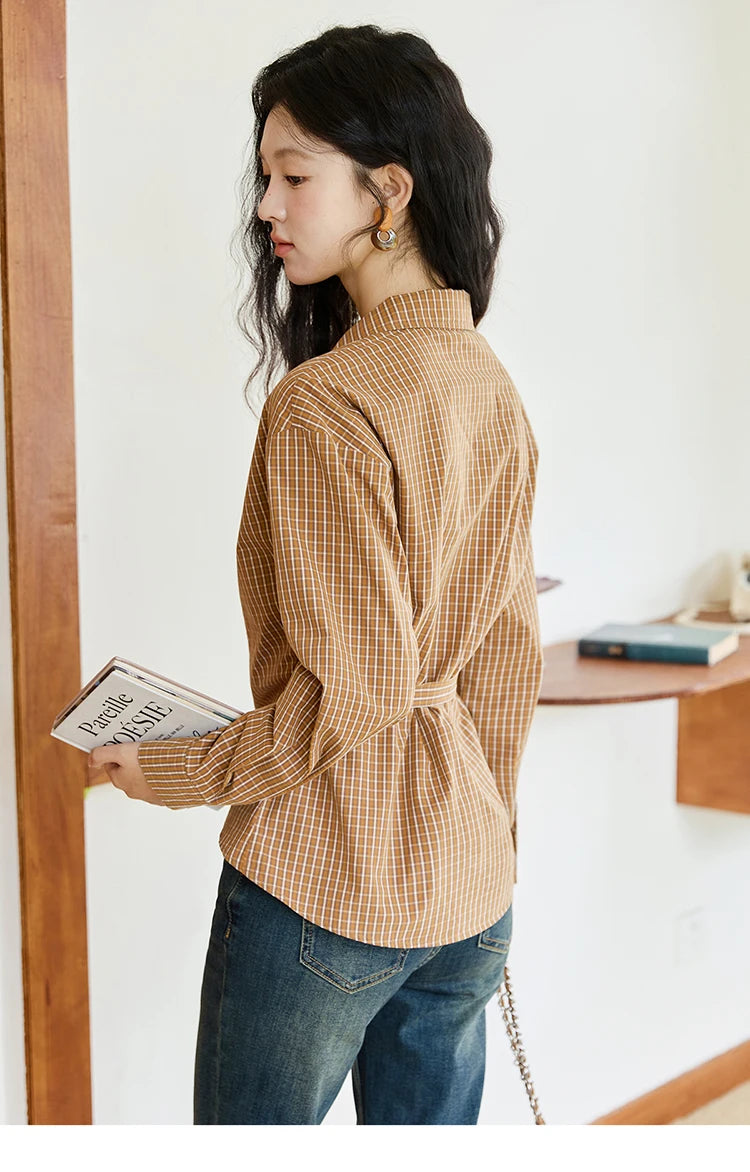 MISHOW Women's 100 Cotton Dark Orange Plaid Shirt  Autumn Design Side Waist Lace-up Long Sleeved Shirts Office Lady MXE46X2494