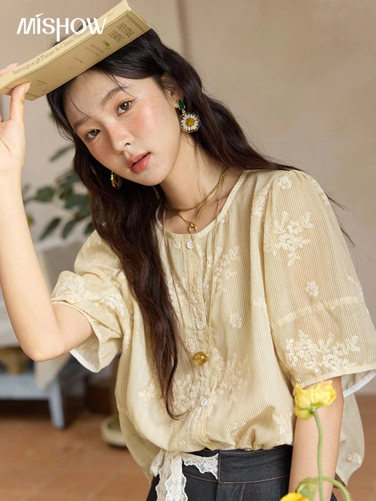 MISHOW French Retro Embroidered Floral Blouse for Women Summer 2025 Round Neck Single Breasted Top Puff Sleeve Blouse MXE36X1874