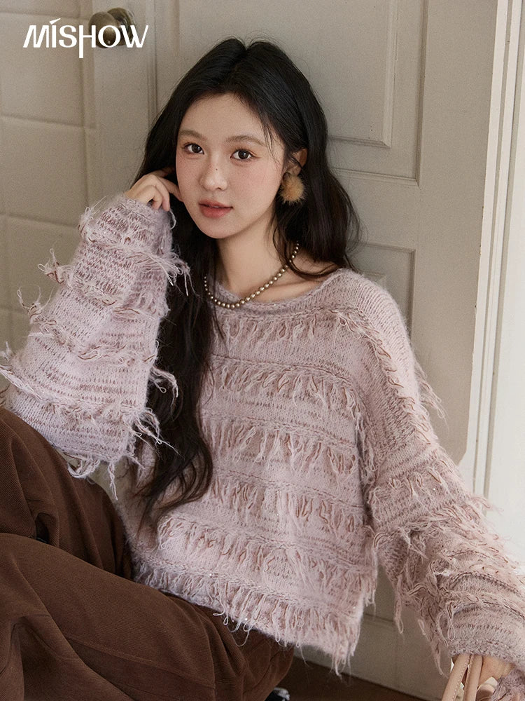MISHOW Tassel Bead Wool Blended Sweater Autumn Winter 2025 Elegant Thick Knitted Sweater Loose Warm Tops Office Lady MXE90Z2822