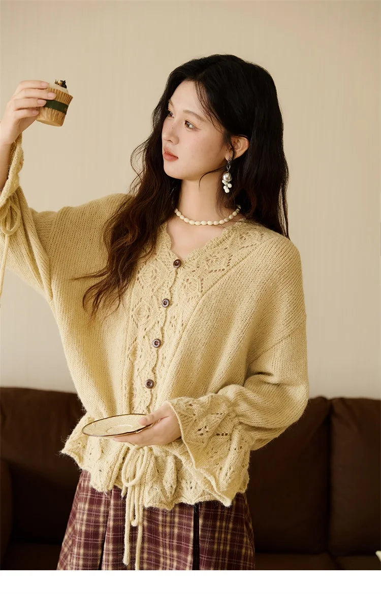 MISHOW Handmade Crochet Sweater Cardigan Autumn Mohair Flare Sleeve Knitted Tops Wave V-neck Lace-up Waist Sweater MXE47Z2513
