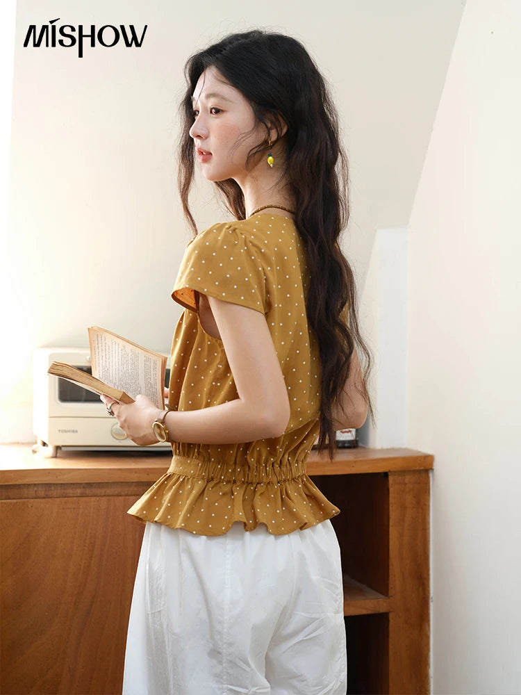 MISHOW Women's V-neck Lace Splicing Blouse 2025 Summer New Ladies Fashion Polka Dot Hollow Ruffle Button Female Top MXE38X1847