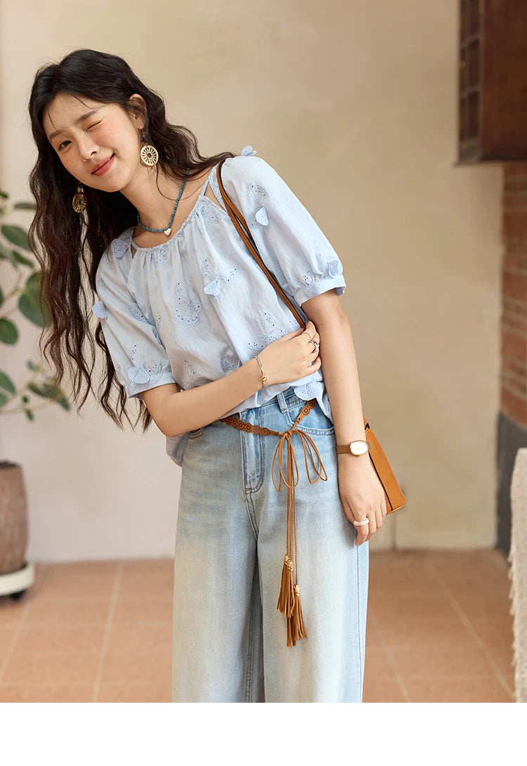 MISHOW Women's Butterfly Embroidery Blouse 2025 Summer New Fashion Hollow Out O-Neck Casual Top Female Clothing MXE36X1878