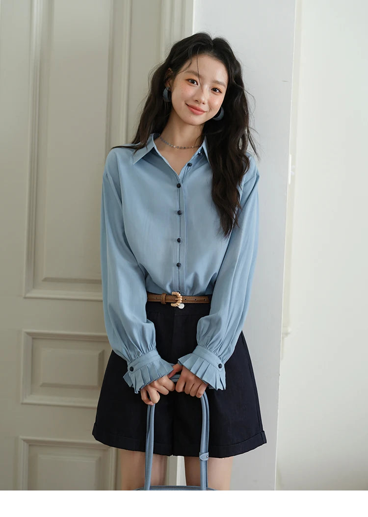 MISHOW Women's Shirts 2025 Autumn Color Blocking Buttons Pleated Cuffs Loose Top Female Solid Lapel Commuting Shirts MXE41C2352