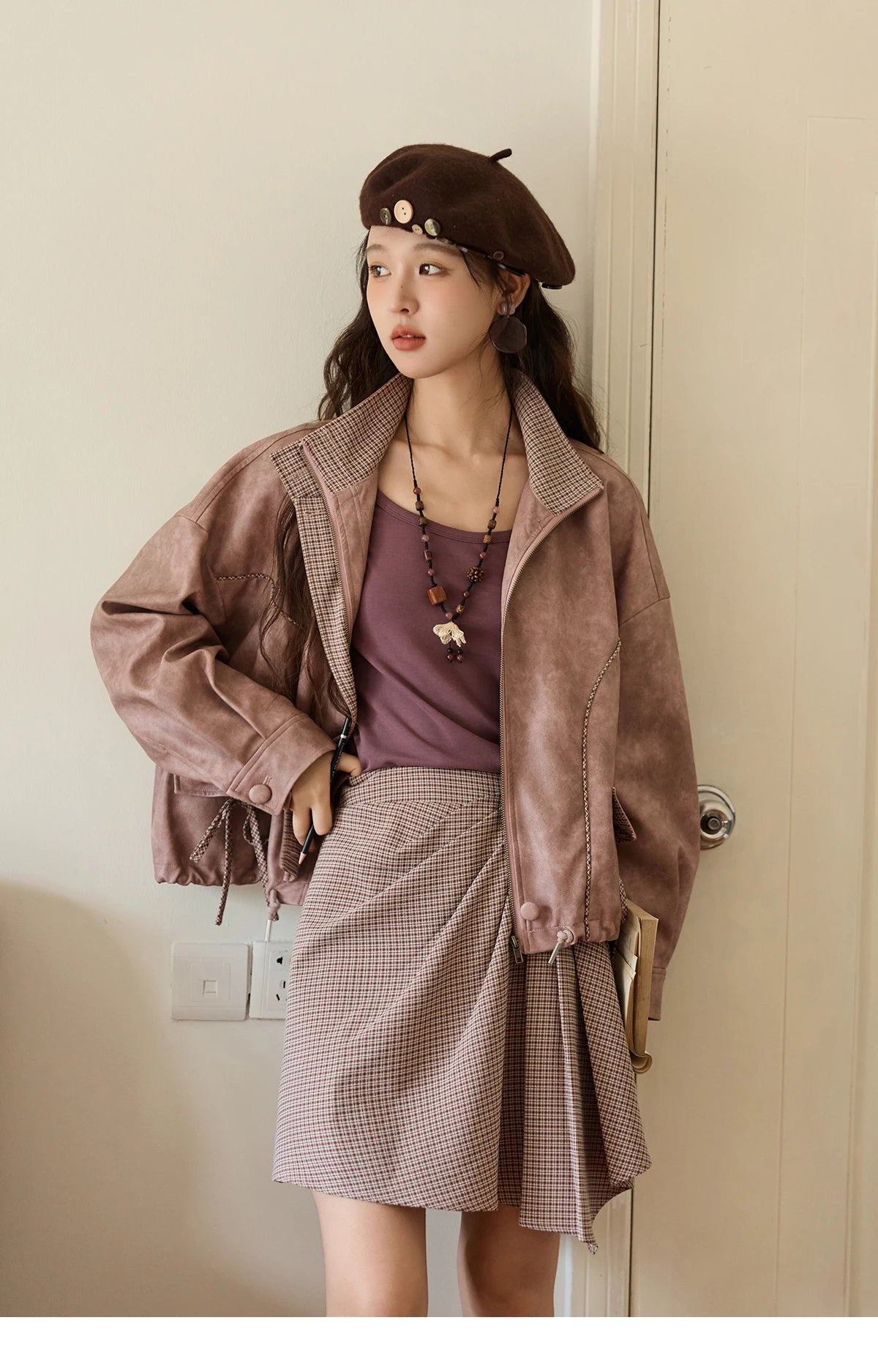 MISHOW Purple Plaid Short Skirt for Women Autumn 2025 Asymmetrical Patch Skirts Back Elastic Waist A-line Short Skirt MXE45B2411