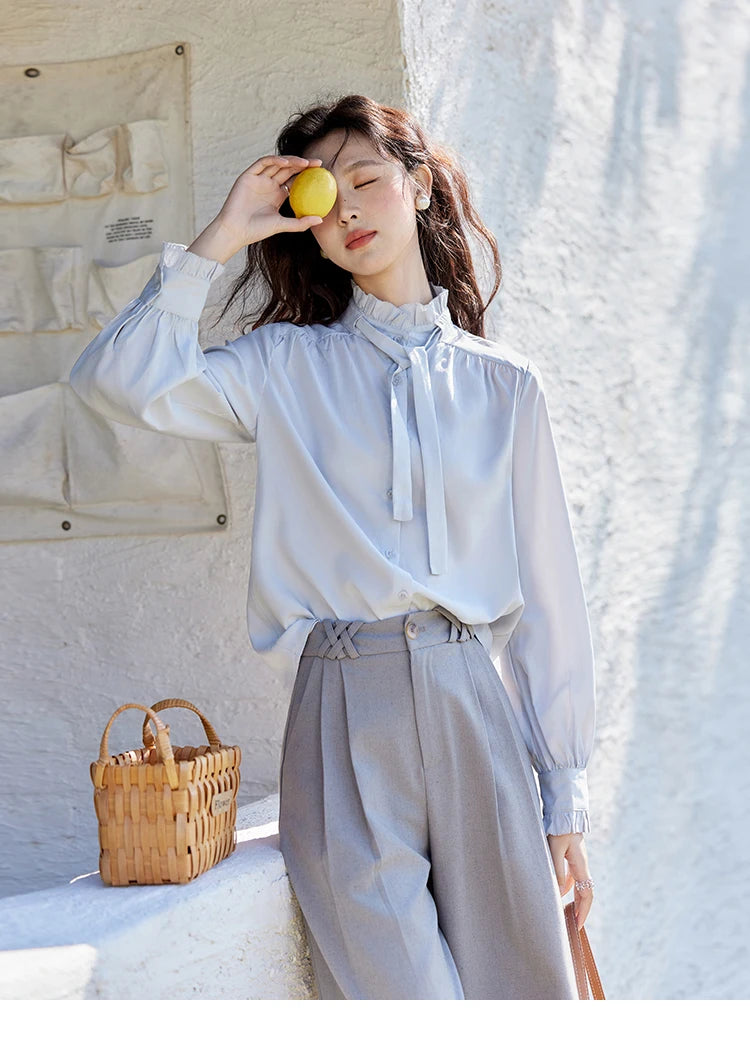 MISHOW French Ribbon Stringy Selvedge Neck Shirt for Women Spring 2025 Slim 100 Lyocell Shirts Solid Commuter Tops MXE13C0383